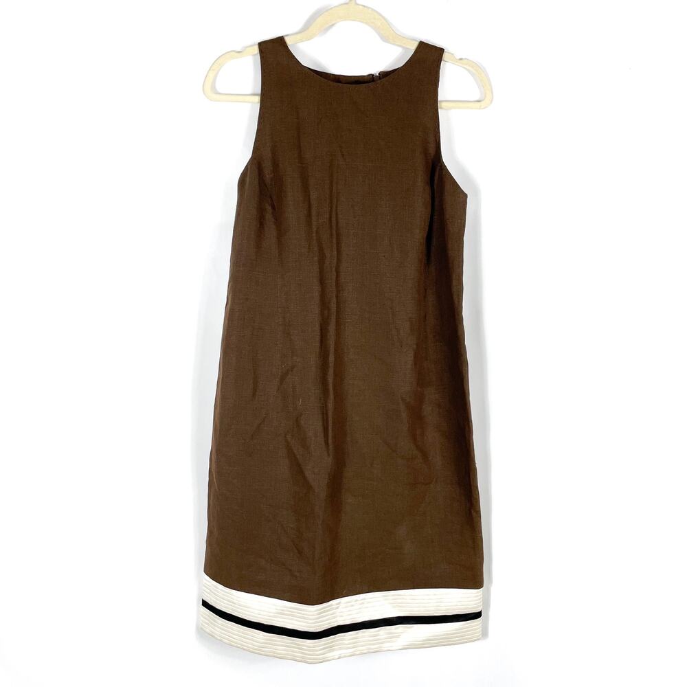 Chado Ralph Rucci Dress Linen Brown White Shift‎ A-Line Sleeveless Vintage Sz 8